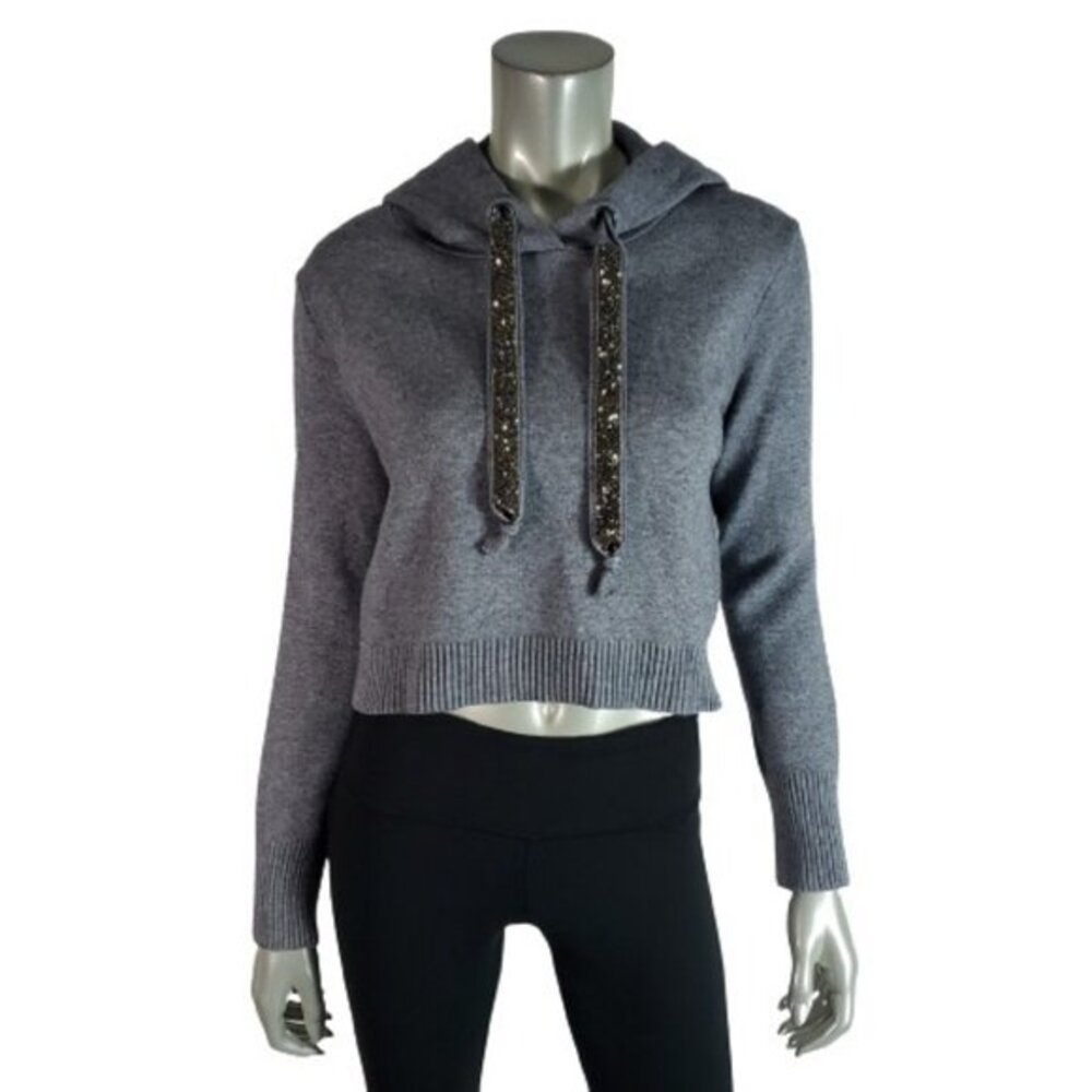Zara Knit Cropped‎ Hoodie Sweatshirt Medium Stretch Silver Sparkle Straps Gray